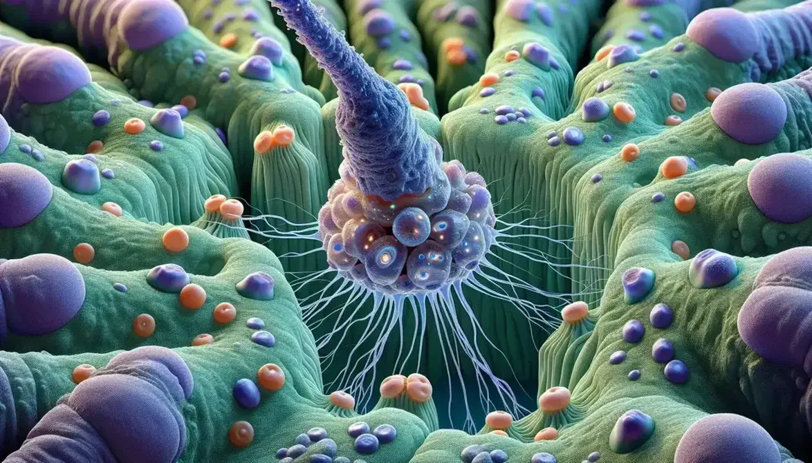 Detailed illustration of a neural synapse with axon terminals, blue and purple synaptic vesicles, synaptic cleft and dendrite with orange receptors.