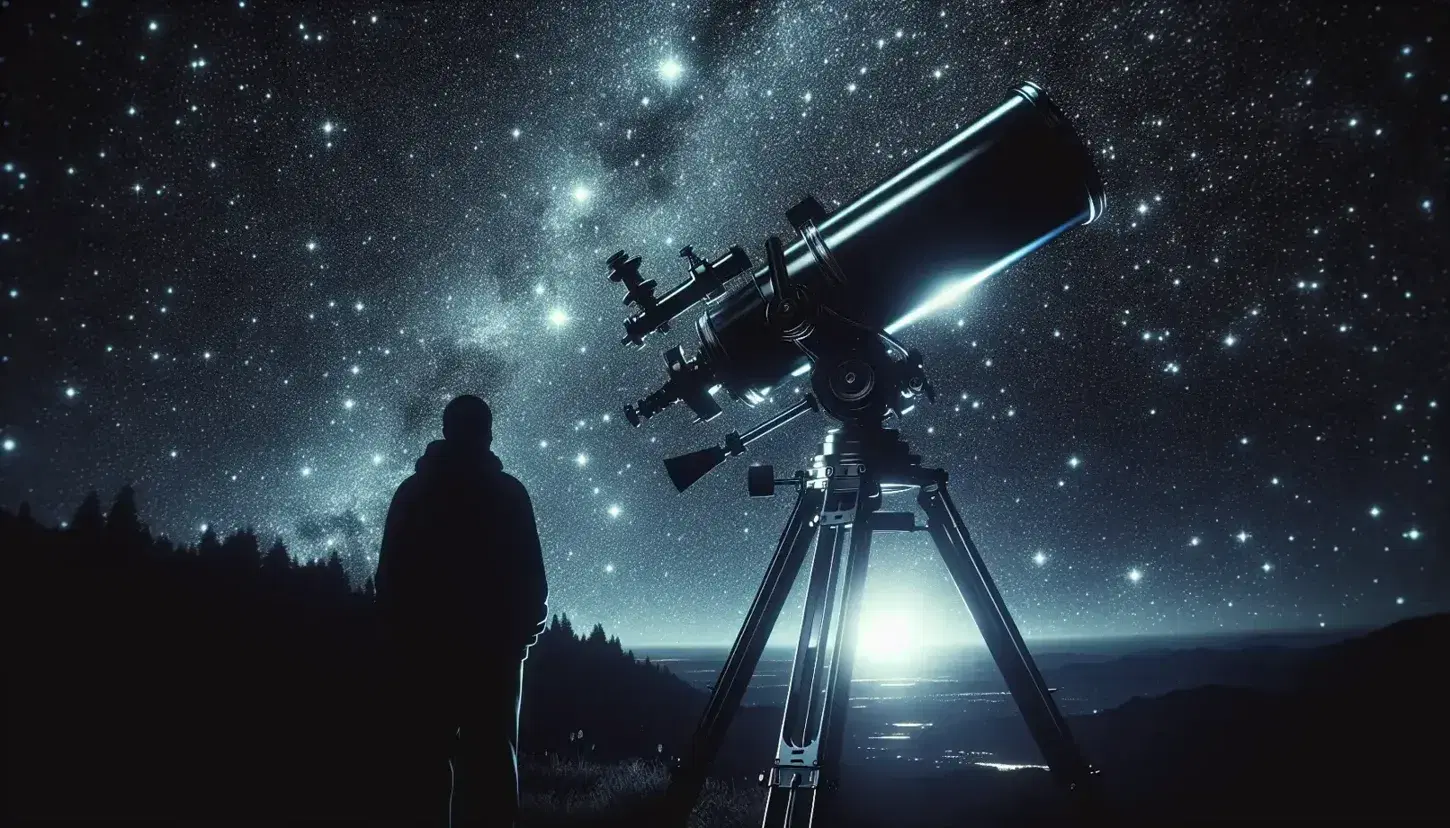 Cielo stellato notturno con telescopio riflettore su treppiede e silhouette umana che osserva, in un ambiente isolato e buio.