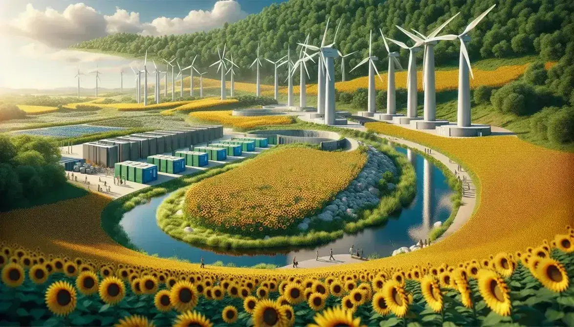 Lush Spanish landscape with blooming sunflowers, modern wind turbines, a reflective water reservoir, and visible recycling bins under a clear blue sky.
