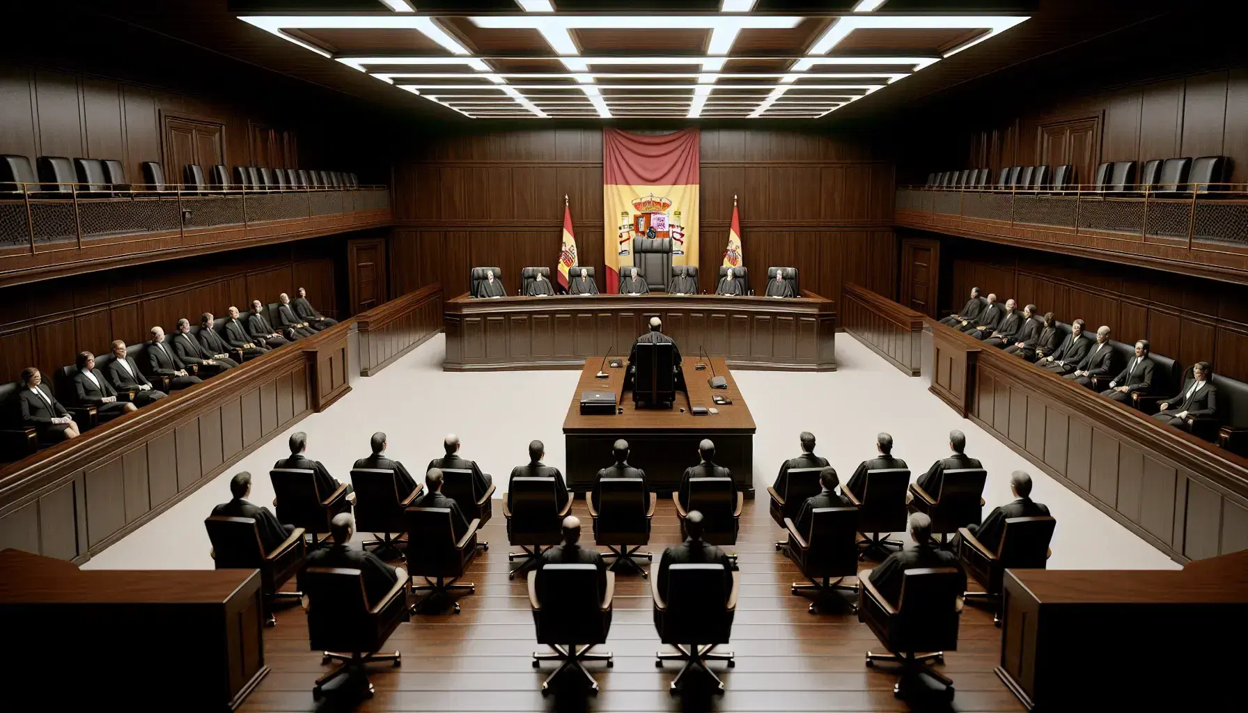 Sala de tribunal con mesa de madera oscura, personas en trajes formales y togas, estrado con silla elevada y bandera de España.