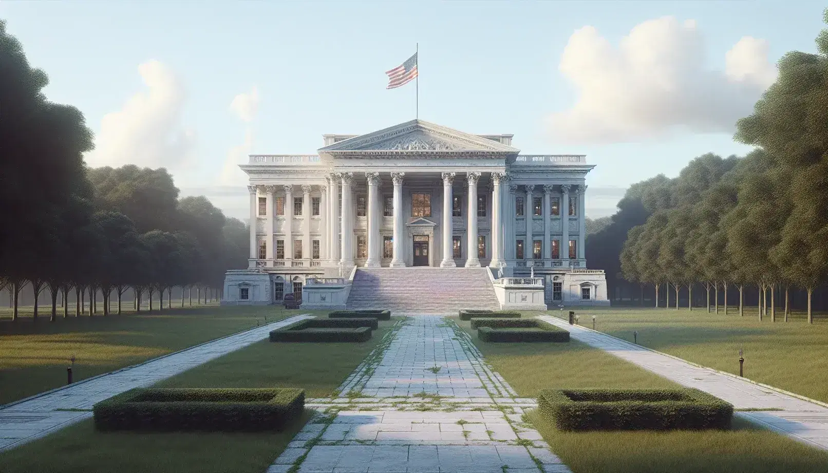 Edificio neoclásico con columnas corintias y escalinata amplia, rodeado de jardines verdes y bandera de Estados Unidos ondeando, bajo cielo azul con nubes.