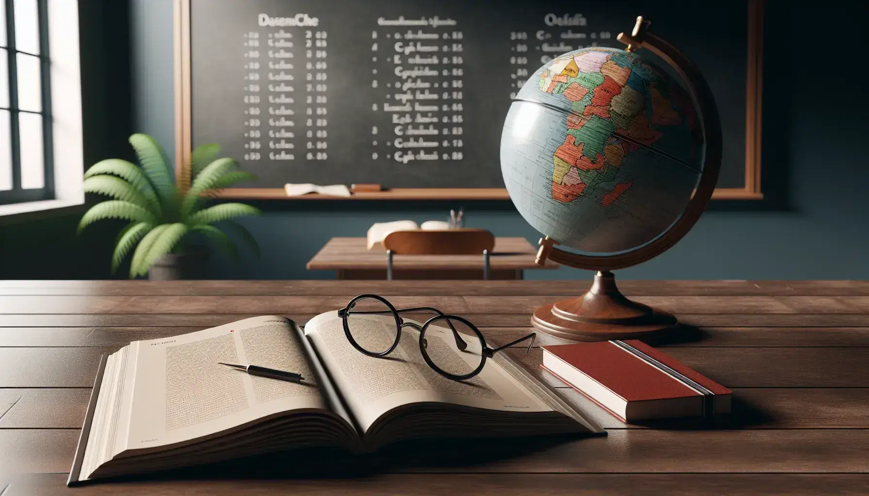 Classroom with teacher's desk, open textbook, eyeglasses, red notebook, clean chalkboard, globe, potted plant, and rows of student desks in natural light.
