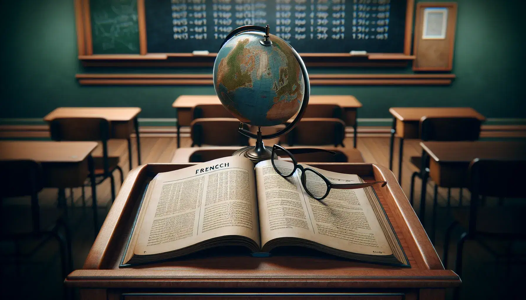 French language classroom with teacher's desk, open textbook, round-lensed eyeglasses, chalkboard, globe, and rows of student desks in a well-lit space.