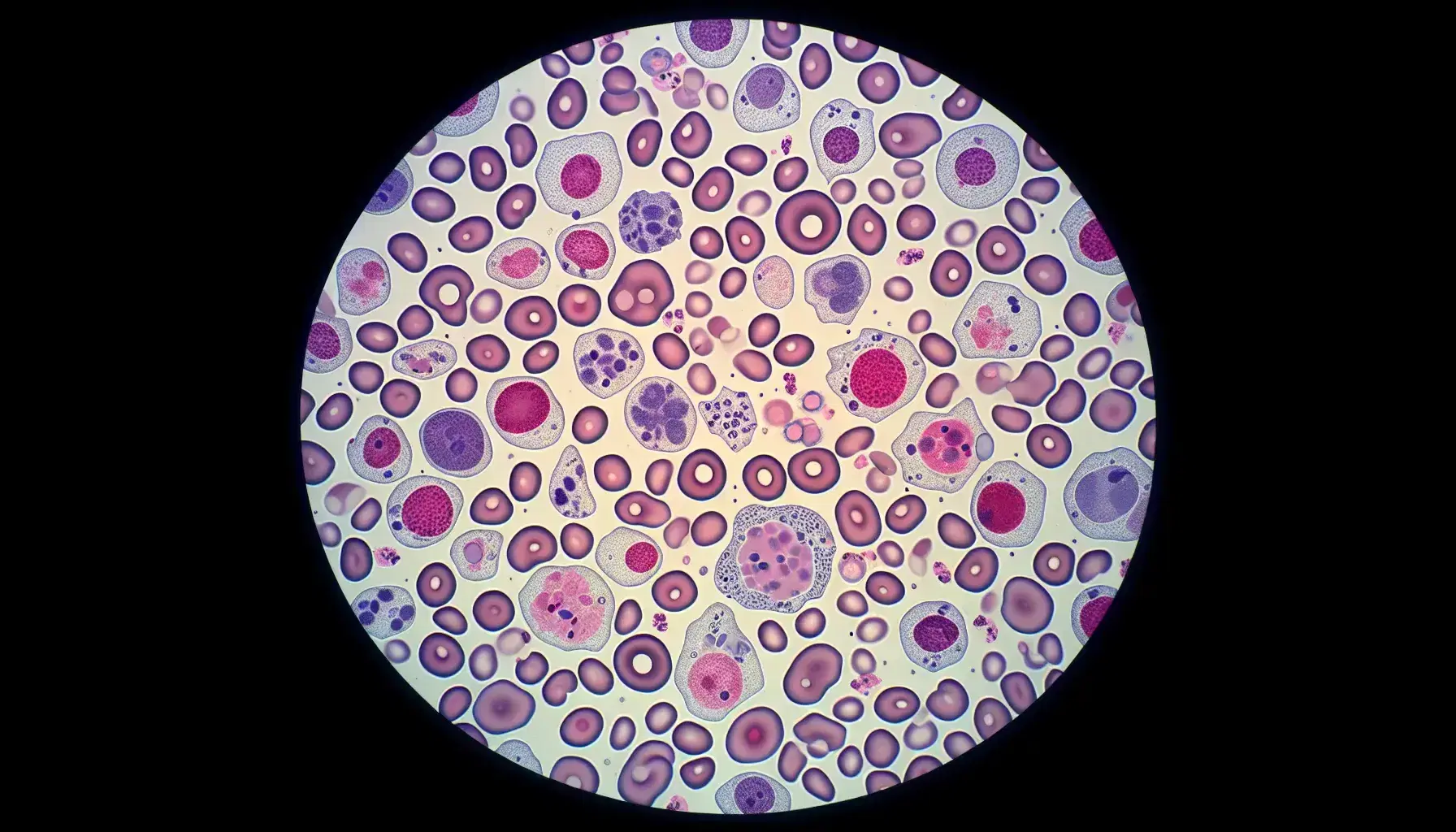 Vista microscópica de frotis sanguíneo teñido mostrando células sanguíneas variadas, incluyendo eritrocitos redondos y leucocitos con núcleos lobulados.