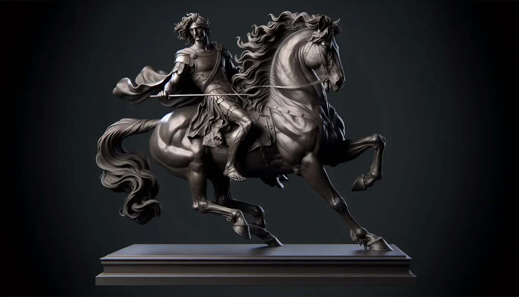 Scultura in bronzo di uomo eroico in armatura su cavallo impennato, con mantello al vento e sguardo determinato.
