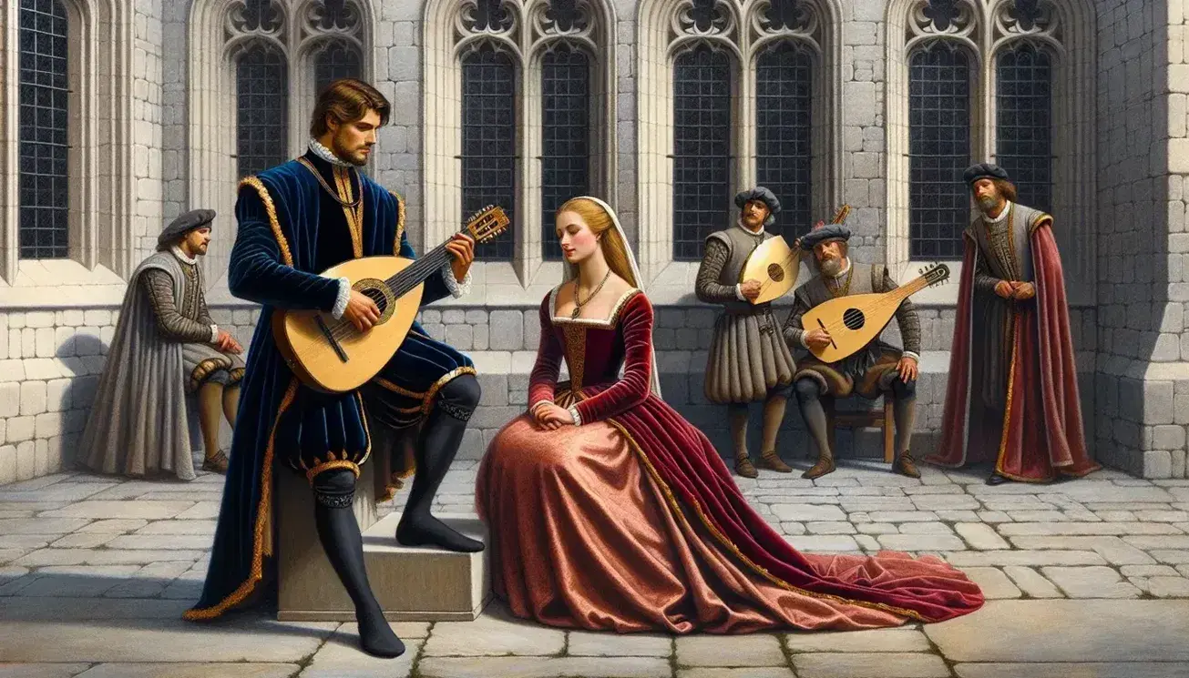 Scena medievale in cortile castello con coppia nobiliare, lui in tunica blu e lei in abito rosso, e menestrelli con liuto e vielle.