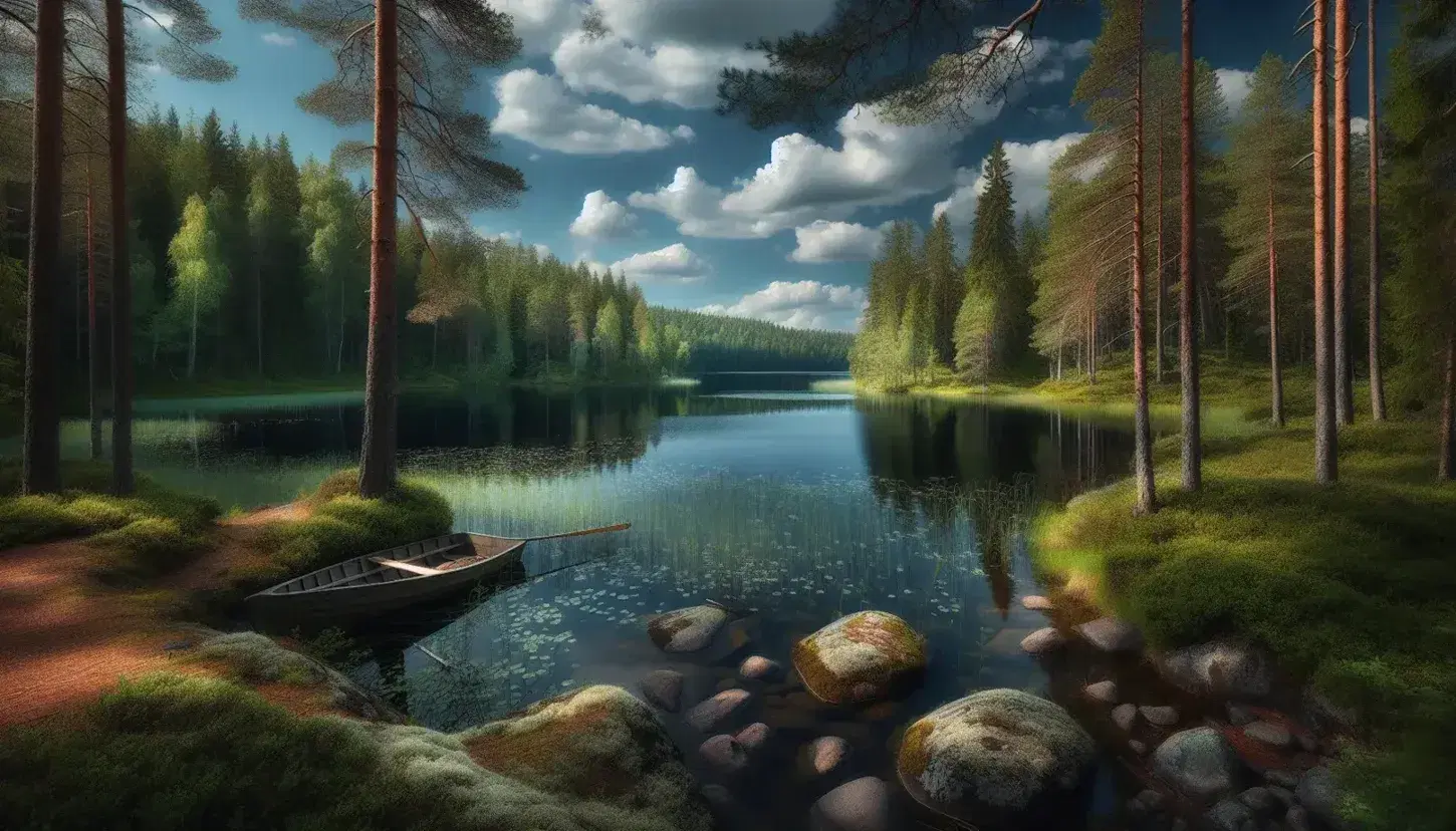 Paesaggio estivo finlandese con lago calmo, cielo azzurro, vegetazione rigogliosa, barchetta legata a riva e foresta lussureggiante.