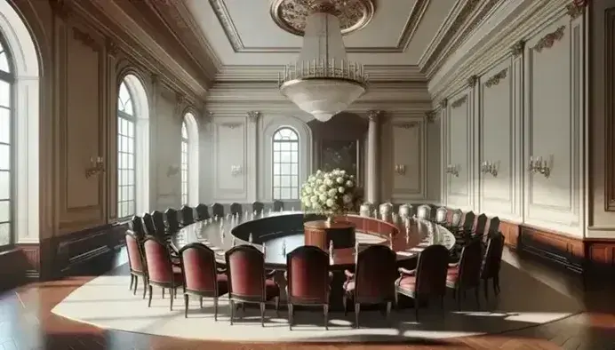 Sala de conferencias solemne con sillas de madera oscura y tapizado rojo en semicírculo, mesa ovalada central, arreglo floral blanco y verde, iluminada por luz natural y lámpara de cristal.