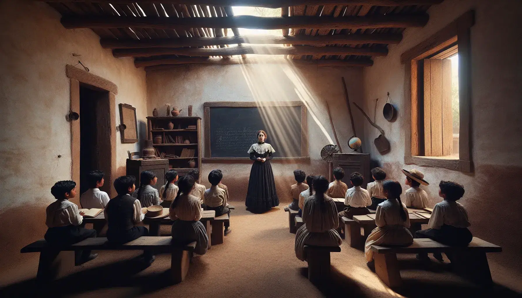 Maestra de principios del siglo XX frente a pizarra con alumnos atentos en aula mexicana de adobe y bancas de madera, iluminada por ventana grande.