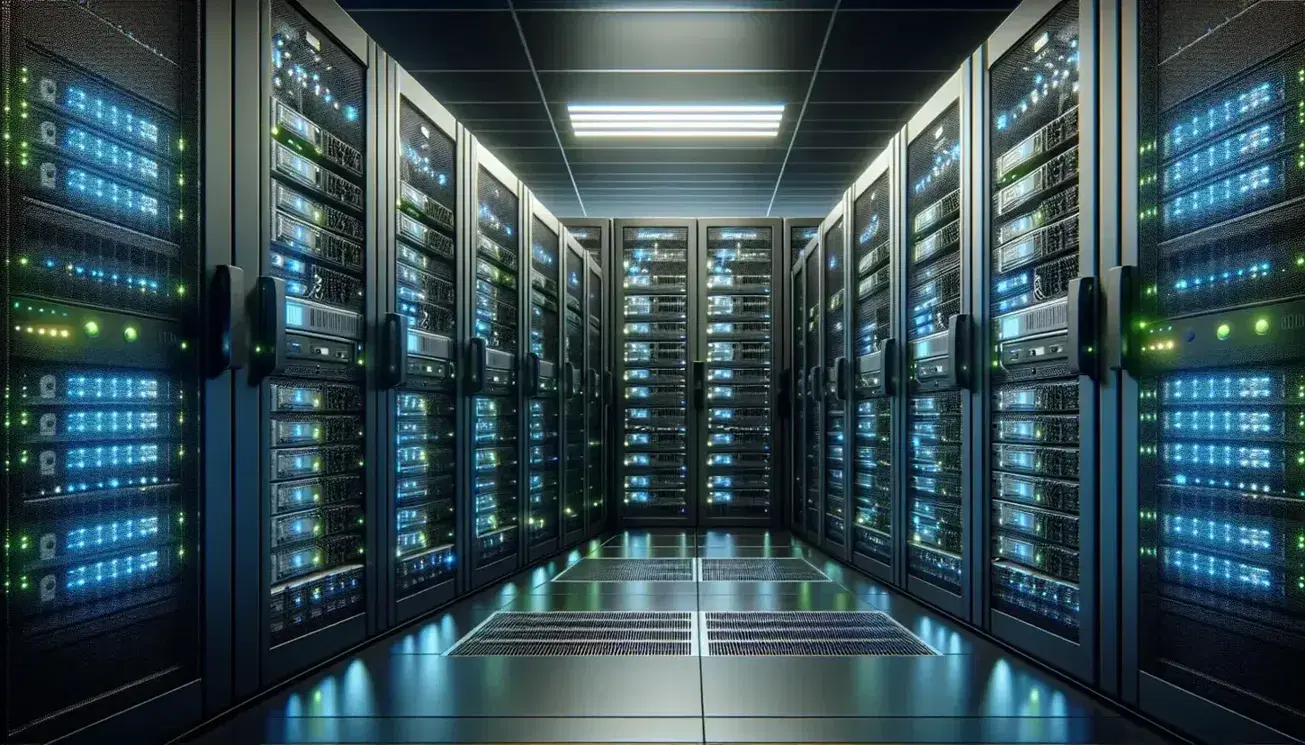 Centro de datos con racks de servidores apilados verticalmente, luces LED azules y verdes iluminando un suelo gris antideslizante y cables organizados.