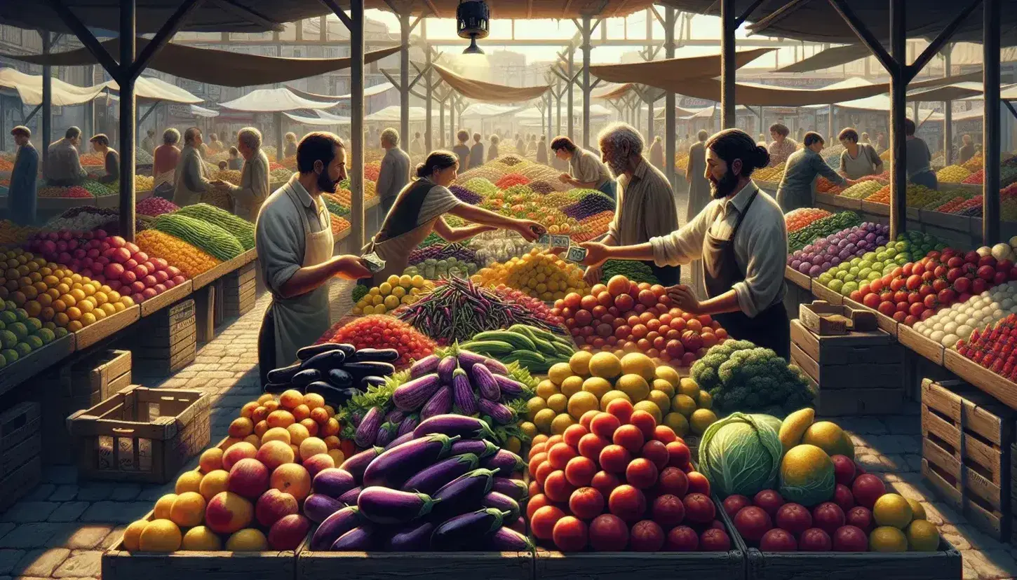 Bustling outdoor market with colorful fruit and vegetable stall, vendor selling produce to customer, lively shopping atmosphere with soft shadows.