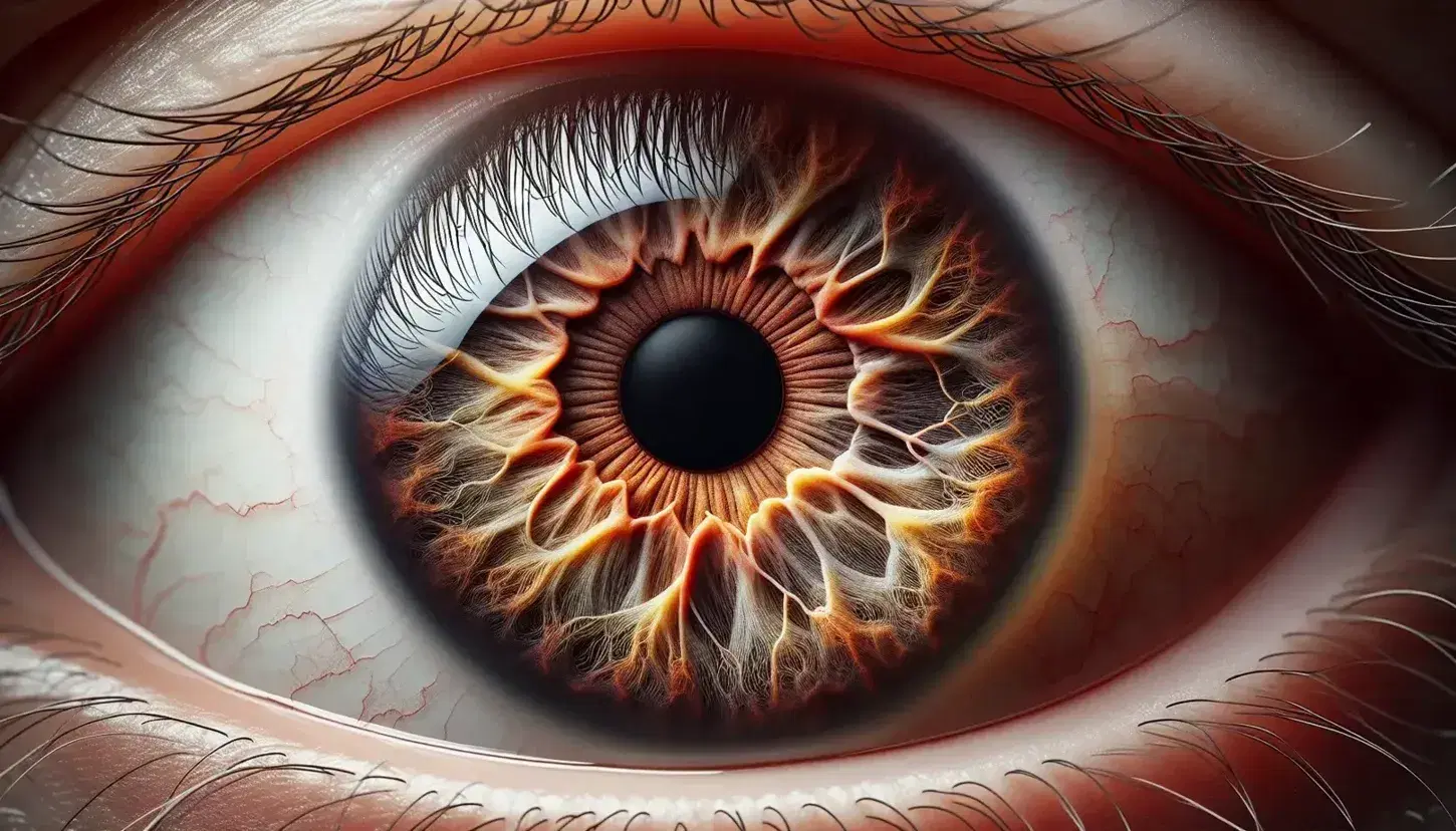 Primer plano de un ojo humano con iris de color marrón oscuro a avellana, pupila negra central y venas rojas en la esclerótica blanca, rodeado de pestañas.