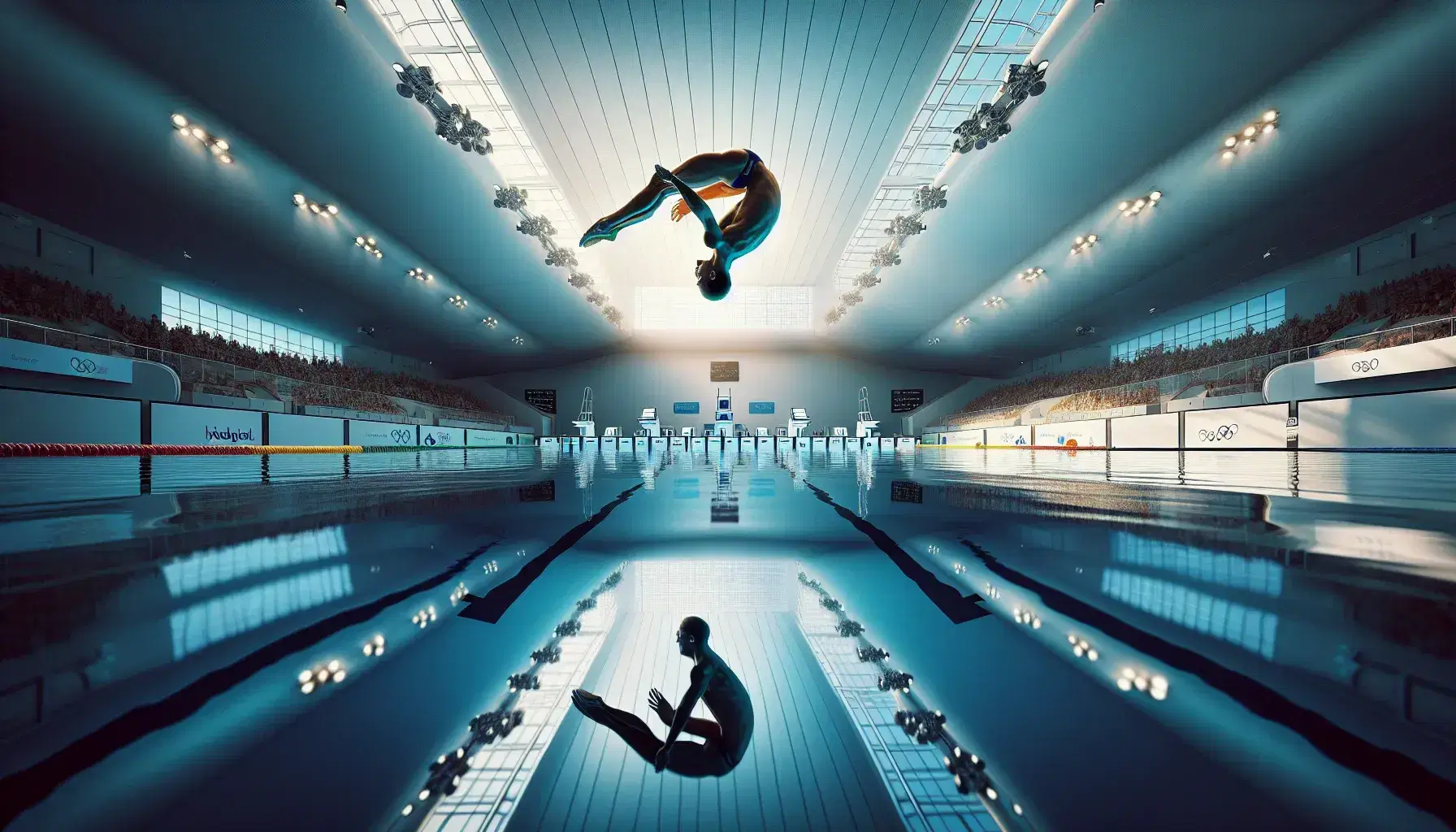 Tuffatore in estensione perfetta sopra piscina olimpionica riflettente il cielo azzurro, con sedie giudici vuote sullo sfondo.
