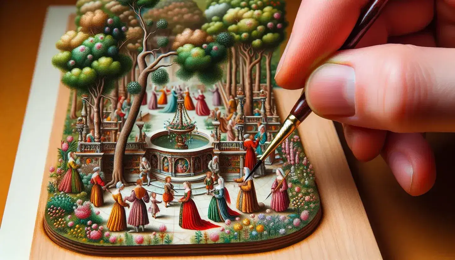 Close-up of a hand holding a fine-tipped brush over a miniature painting depicting a historical garden dance scene with vibrant colors and details.