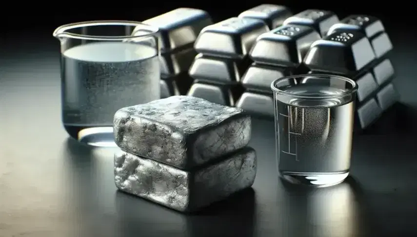 Primer plano de metal de magnesio puro con textura irregular y color plata mate sobre superficie oscura de laboratorio, junto a un vaso de precipitados con agua de mar y lingotes de aleación de magnesio al fondo.