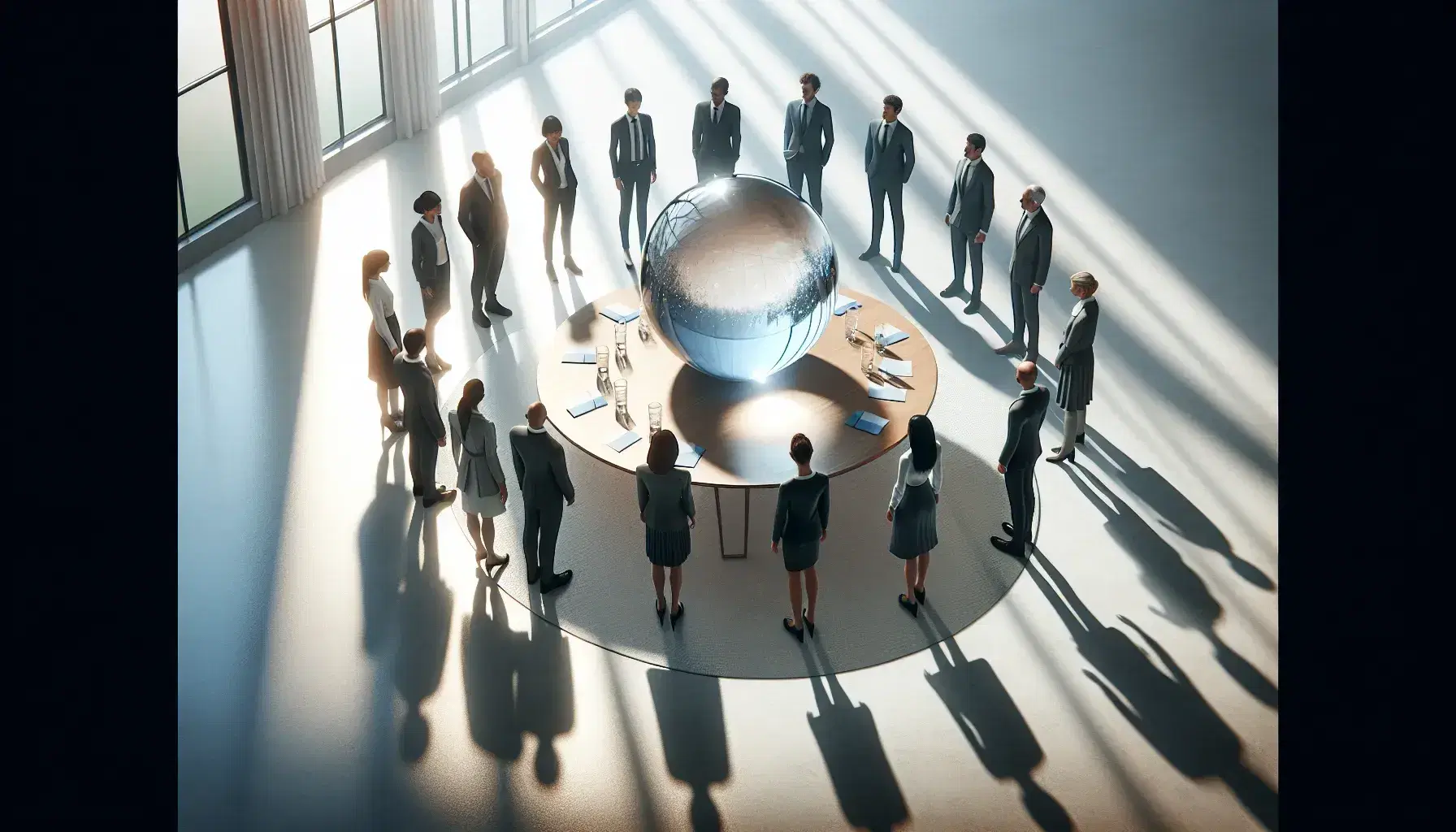 Grupo diverso de profesionales en semicírculo alrededor de una mesa con esfera de cristal reflejando luz, en sala iluminada y minimalista.