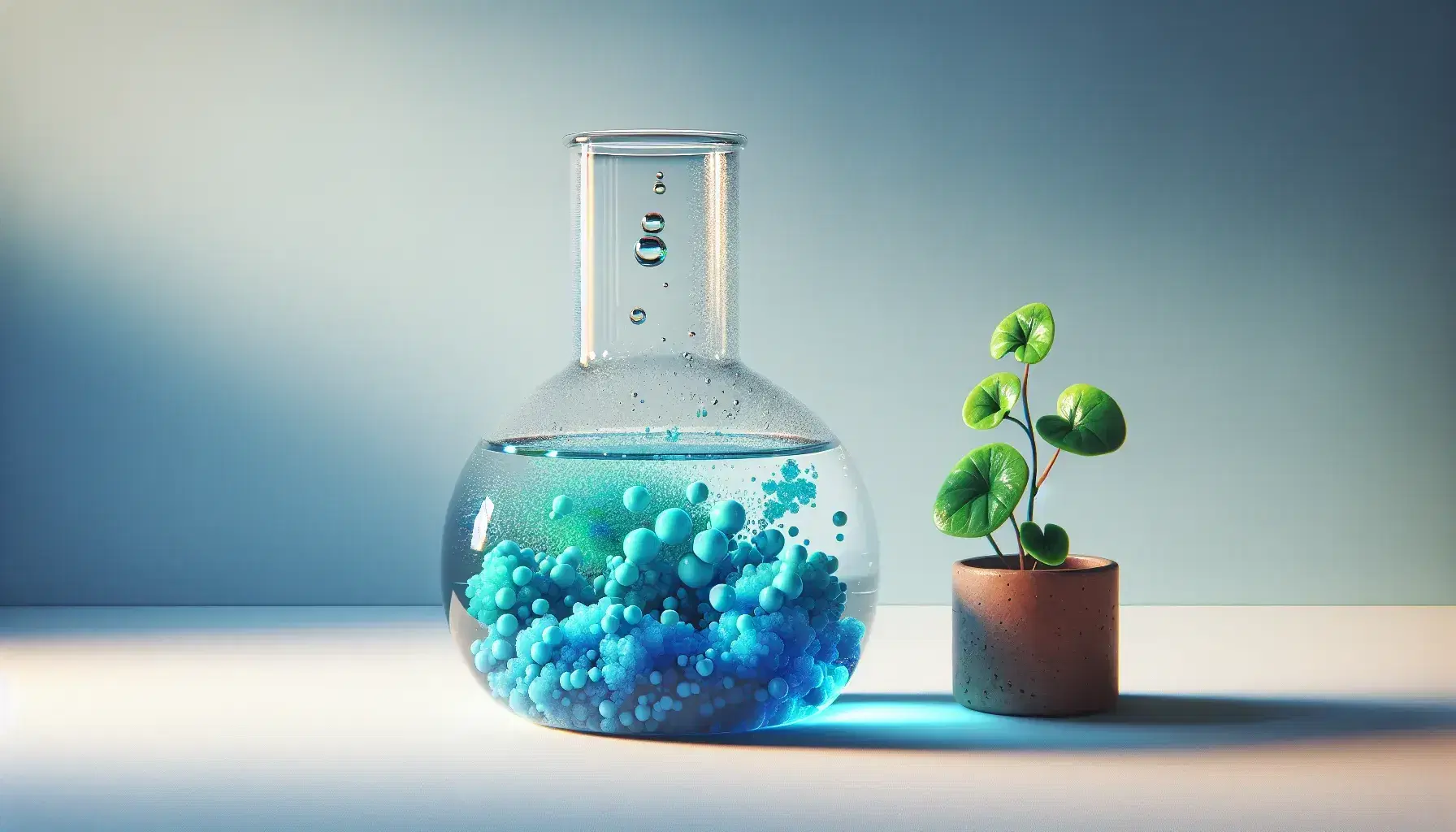 Transparent glass flask on white surface with blue crystals and colorless liquid, hanging bubbles, green plant in terracotta pot.