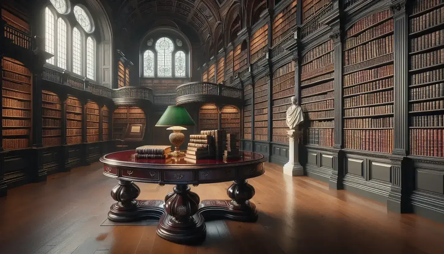 Biblioteca storica con scaffali in legno scuro pieni di volumi rilegati, tavolo ovale centrale, lampada antica e statua marmorea pensierosa.