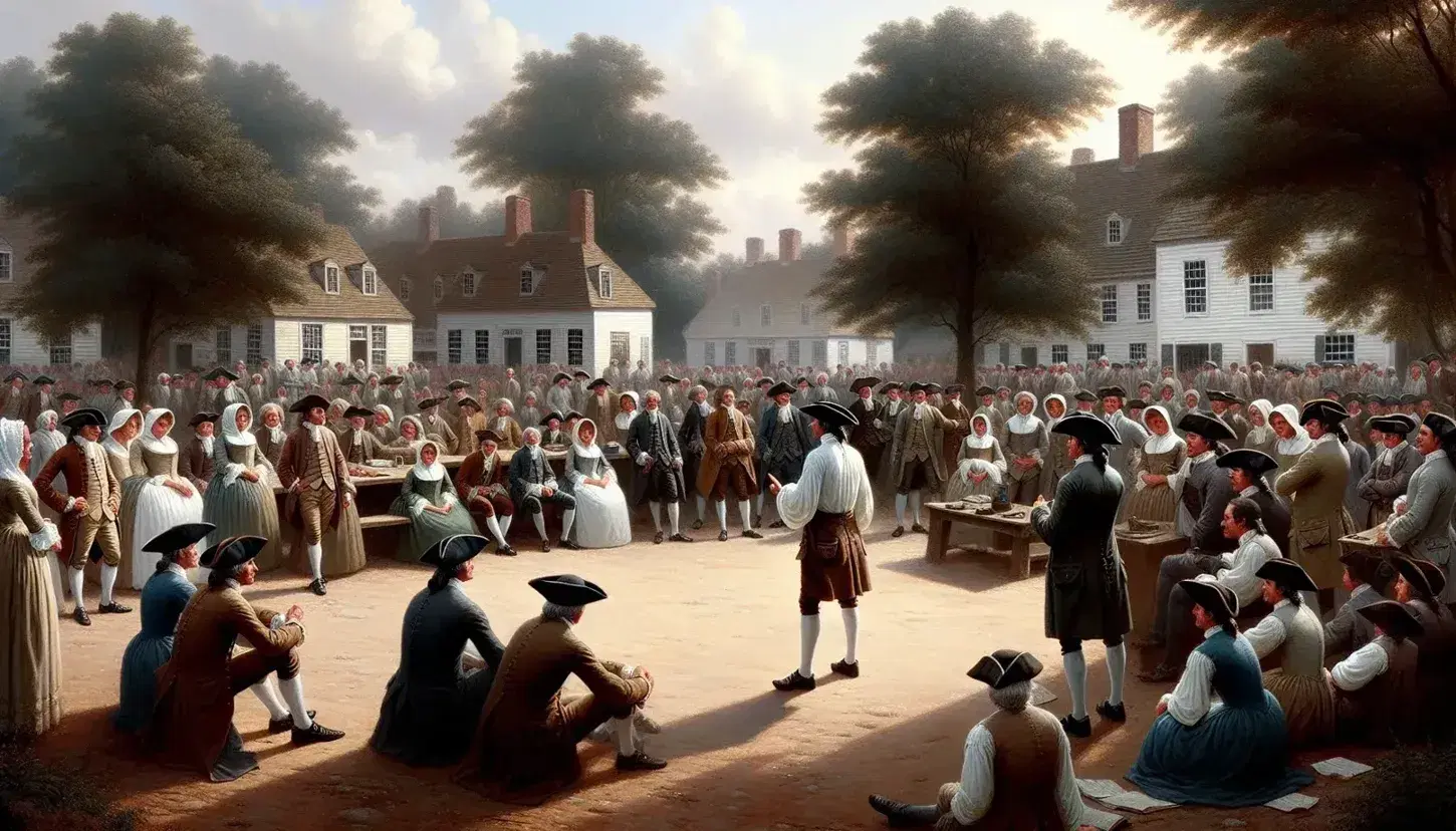 Grupo de personas vestidas al estilo colonial del siglo XVIII escuchando a un hombre con tricornio en una plaza, con edificaciones bajas al fondo y cielo parcialmente nublado.