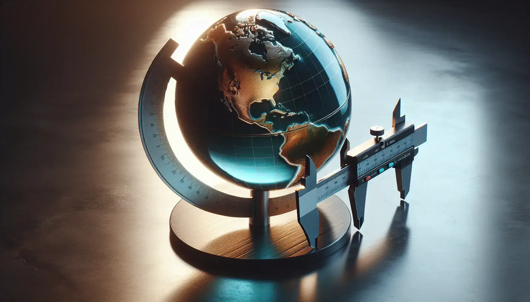 Globo terrestre lucido con rilievi continentali su supporto in legno scuro e calibro metallico accanto che simula misurazione.