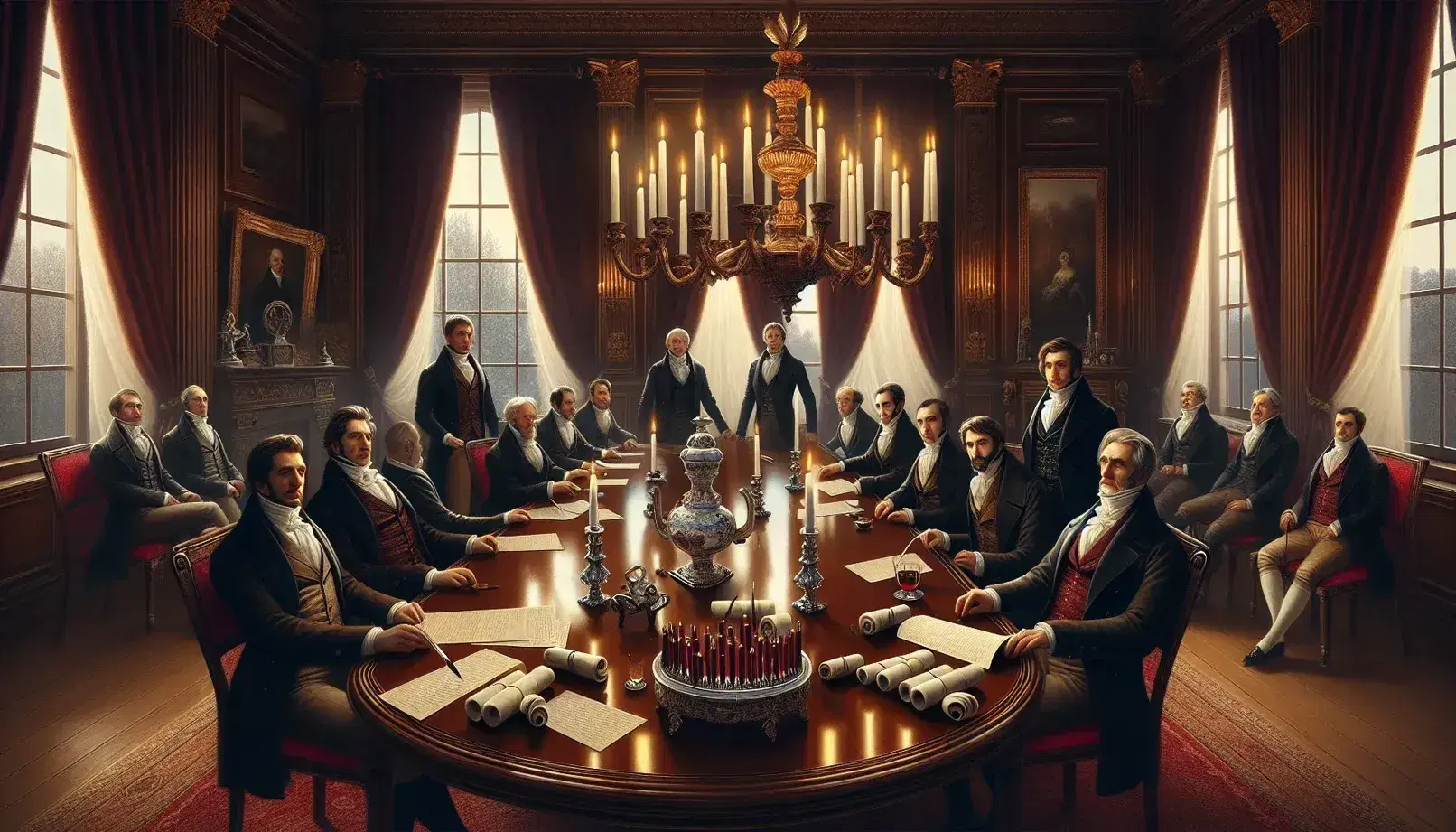 Escena neoclásica del siglo XIX con hombres en trajes de época debatiendo alrededor de una mesa ovalada con candelabro y documentos sellados.