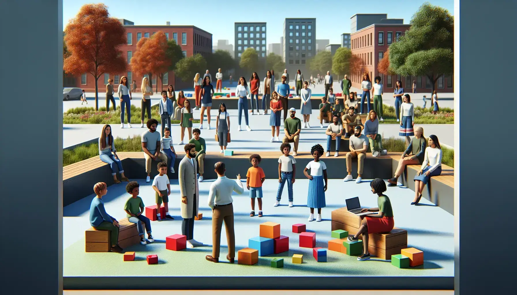Grupo diverso de personas en un parque con un líder hablando, niños jugando con bloques de colores y adolescente en laptop, en día soleado.