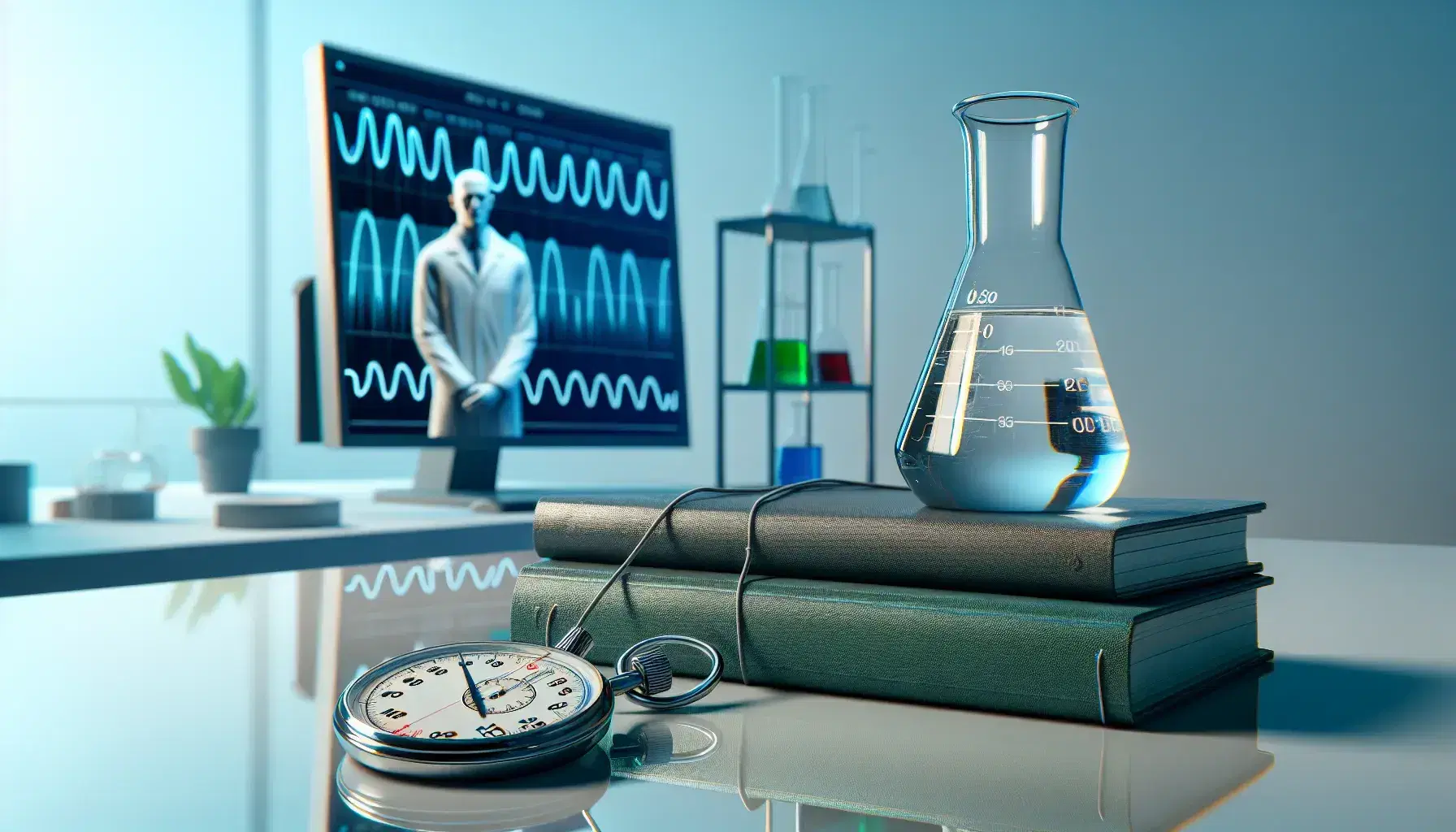 Psychological laboratory environment with beaker, stopwatch, colored notebooks, researcher from behind and green plant.