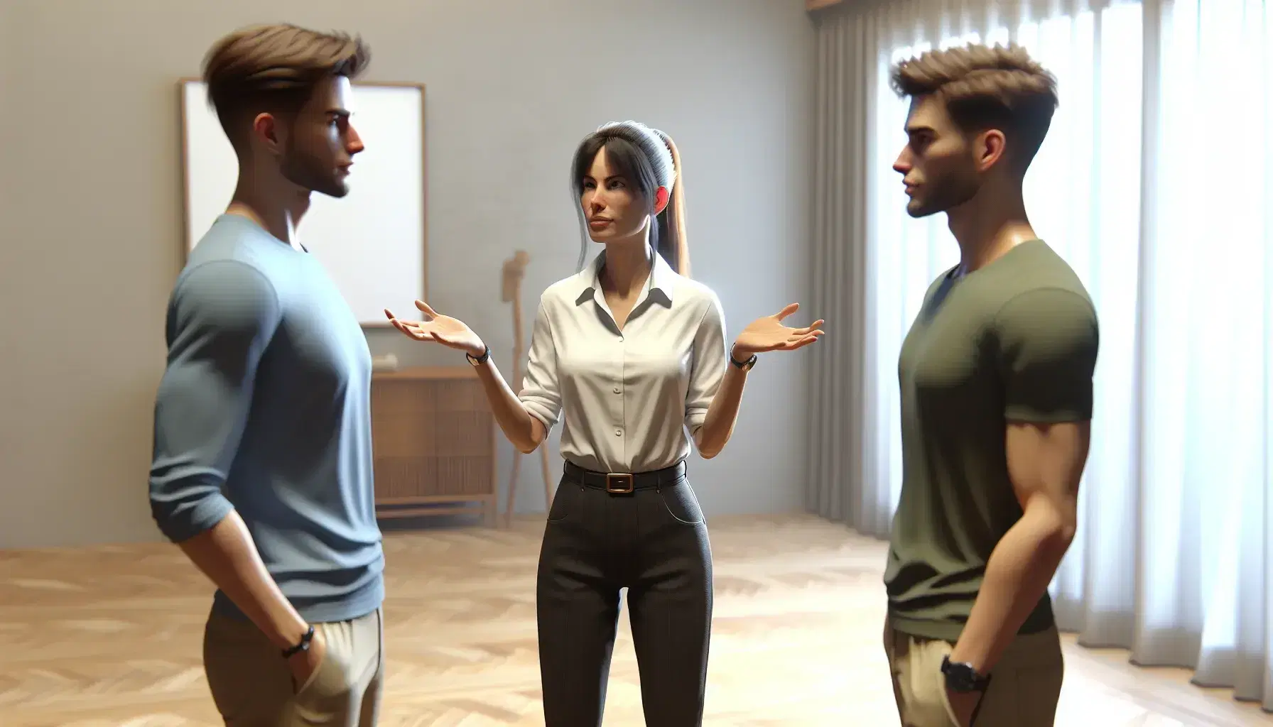 Tres personas conversando en un espacio iluminado, mujer en el centro gesticulando, hombre a la izquierda asintiendo y otro a la derecha con dedo en alto.