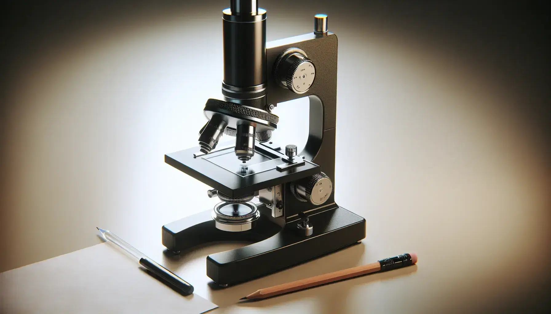Microscopio óptico de laboratorio con base negra y ajustes plateados, junto a papel en blanco y lápiz de grafito sobre superficie clara.