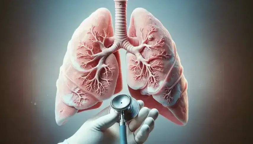 Polmone umano dettagliato con bronchi e alveoli, stetoscopio posizionato per auscultazione in ambiente clinico, sfondo neutro.