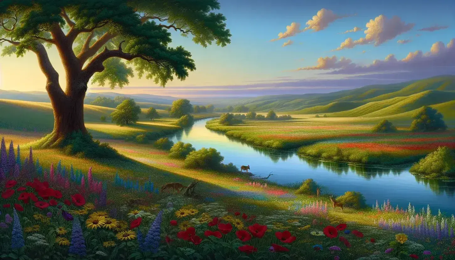 Serene landscape with a lush meadow, vibrant wildflowers, a reflective river, a solitary oak tree, rolling hills, and a gradient blue sky.