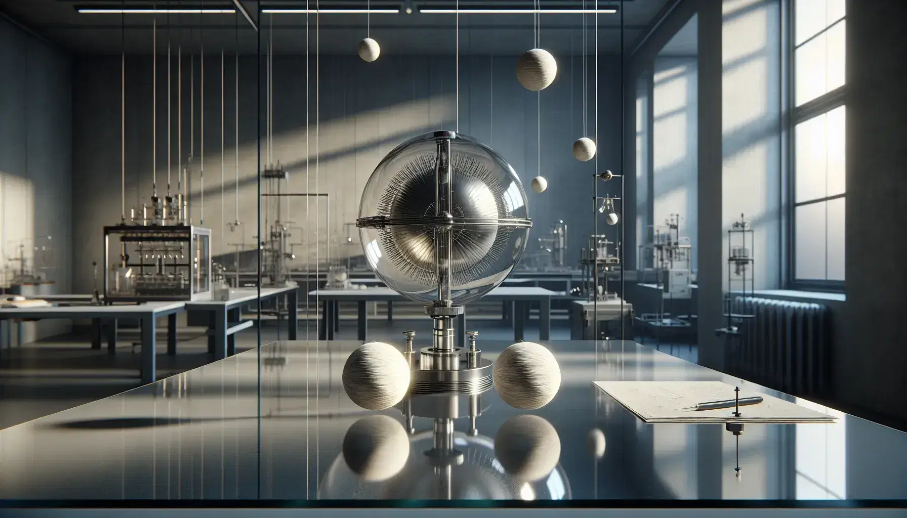 Van de Graaff generator on a glass table with two pith balls suspended nearby, in a well-equipped, softly lit laboratory setting.