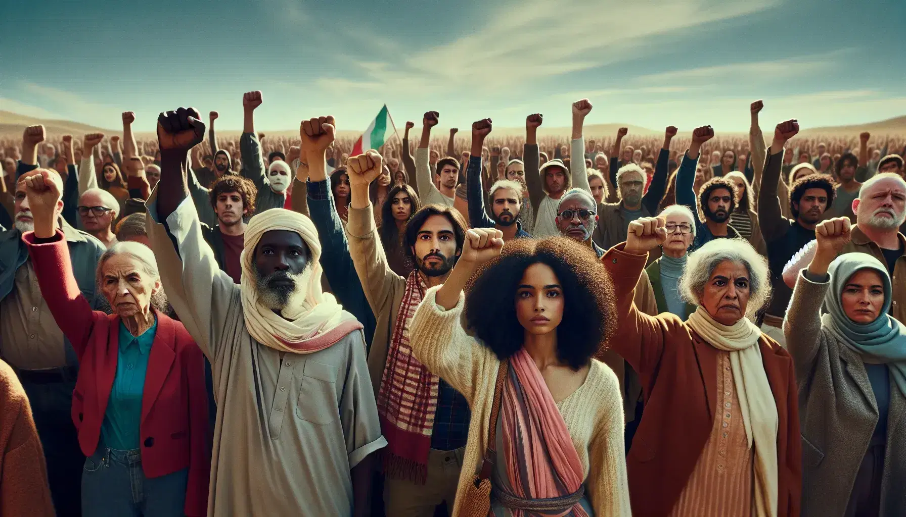 Diverse group with raised fists in solidarity, featuring a Black woman, an older Caucasian man, and a young Hispanic man against a clear blue sky.