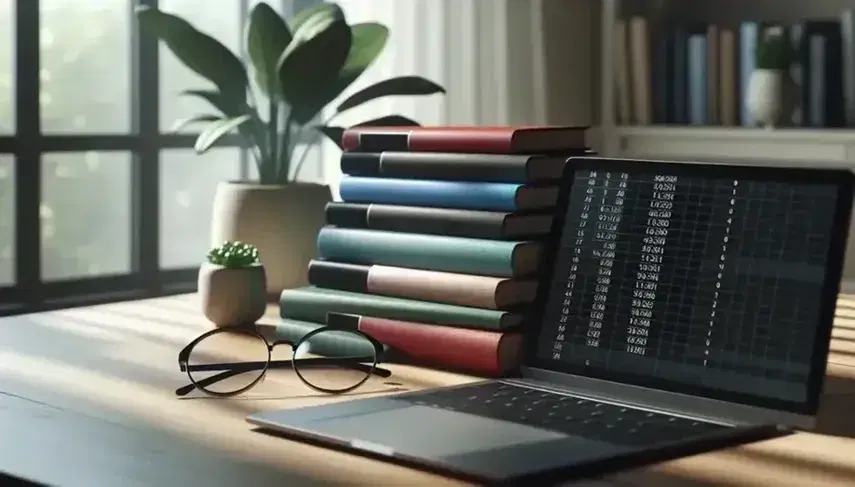 Escritorio de madera con libros apilados de colores sólidos, portátil con hoja de cálculo abierta, gafas y planta en maceta blanca bajo luz natural.