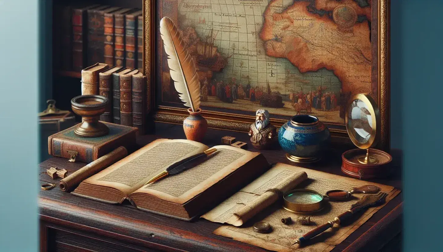 Scrivania antica in legno scuro con libro aperto, calamaio con penna d'oca, mappa antica sotto lente d'ingrandimento, statuetta in argilla e quadro sfocato.