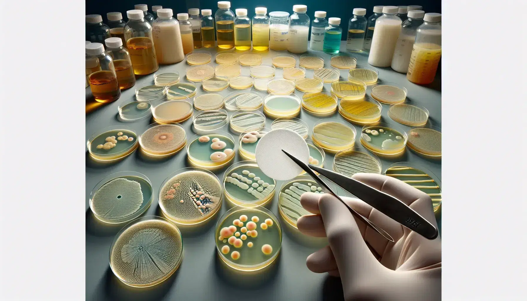 Placas de Petri en fila diagonal con medios de cultivo agar y colonias bacterianas de distintos colores y tamaños, y un disco de papel con zona de inhibición.