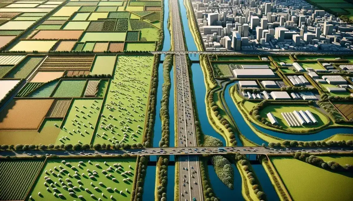 Vista aérea de la transición entre campos verdes con rebaños y cultivos y una zona urbana con edificios y calles, divididos por una autopista.