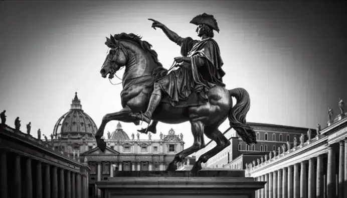 Statua equestre in bronzo di uomo in abito e cappello su cavallo impennato, con Basilica di San Pietro sfocata sullo sfondo in bianco e nero.