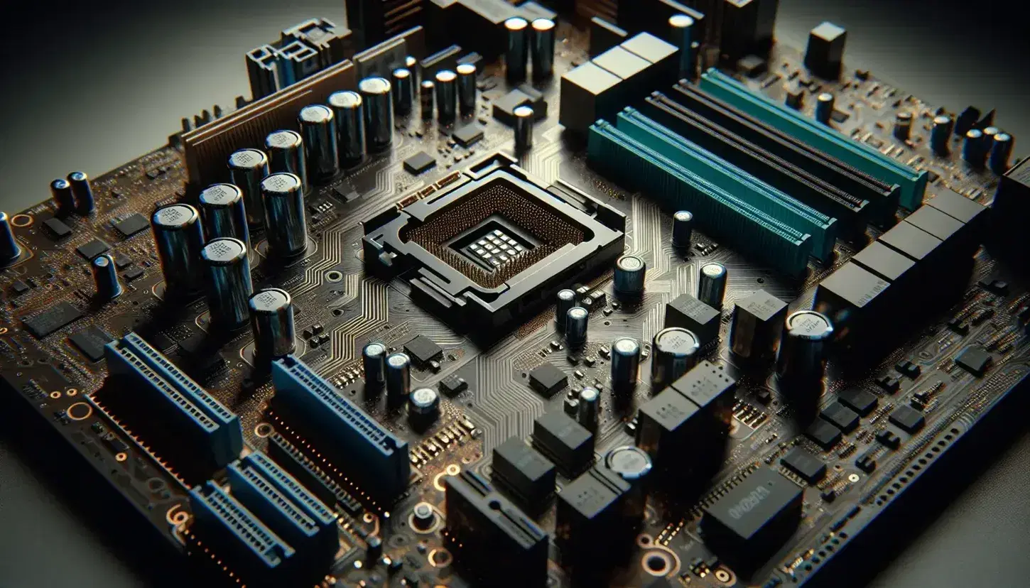 Primer plano de placa base de computadora mostrando condensadores cilíndricos, ranuras de expansión, trazas de cobre y zócalo de CPU central.