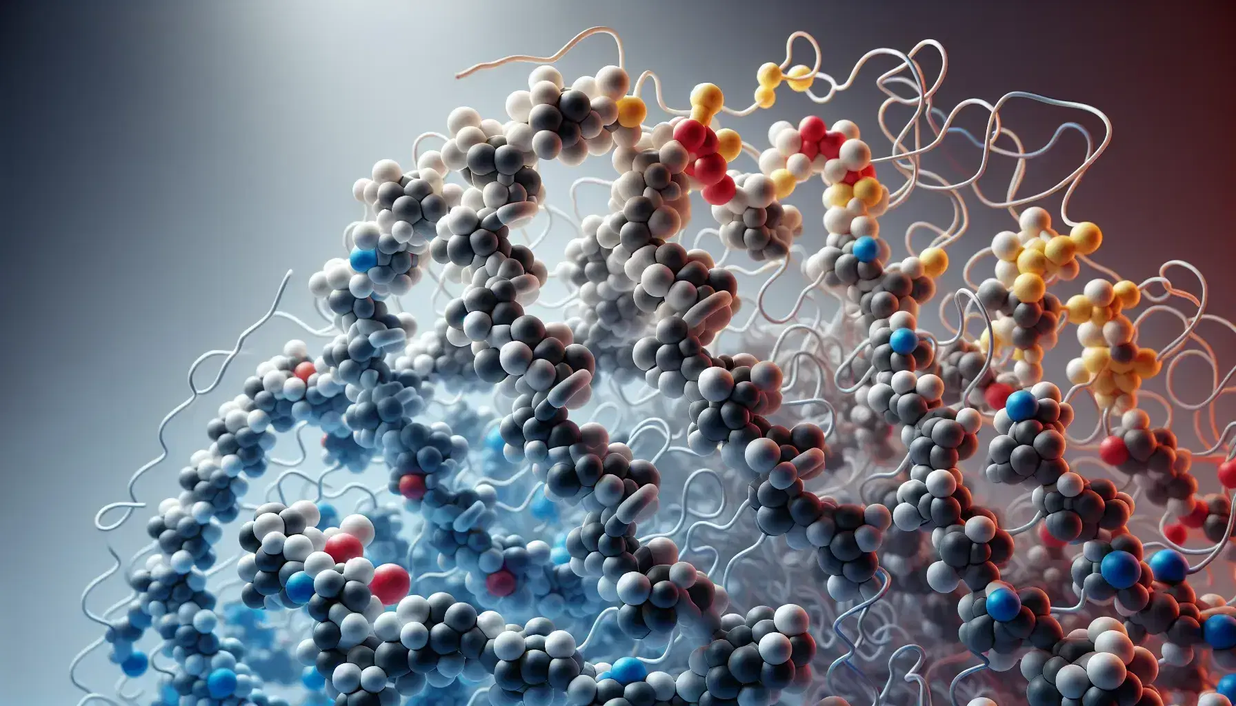 Modelo tridimensional detallado de una molécula de proteína con esferas de colores representando átomos y varillas como enlaces químicos, mostrando hélices y pliegues.