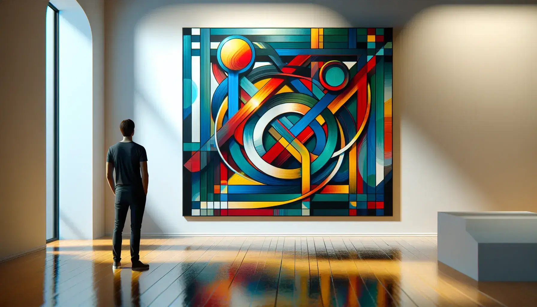 Quadro astratto con forme geometriche colorate in una galleria d'arte, spettatore in primo piano sfocato, illuminazione soffusa.