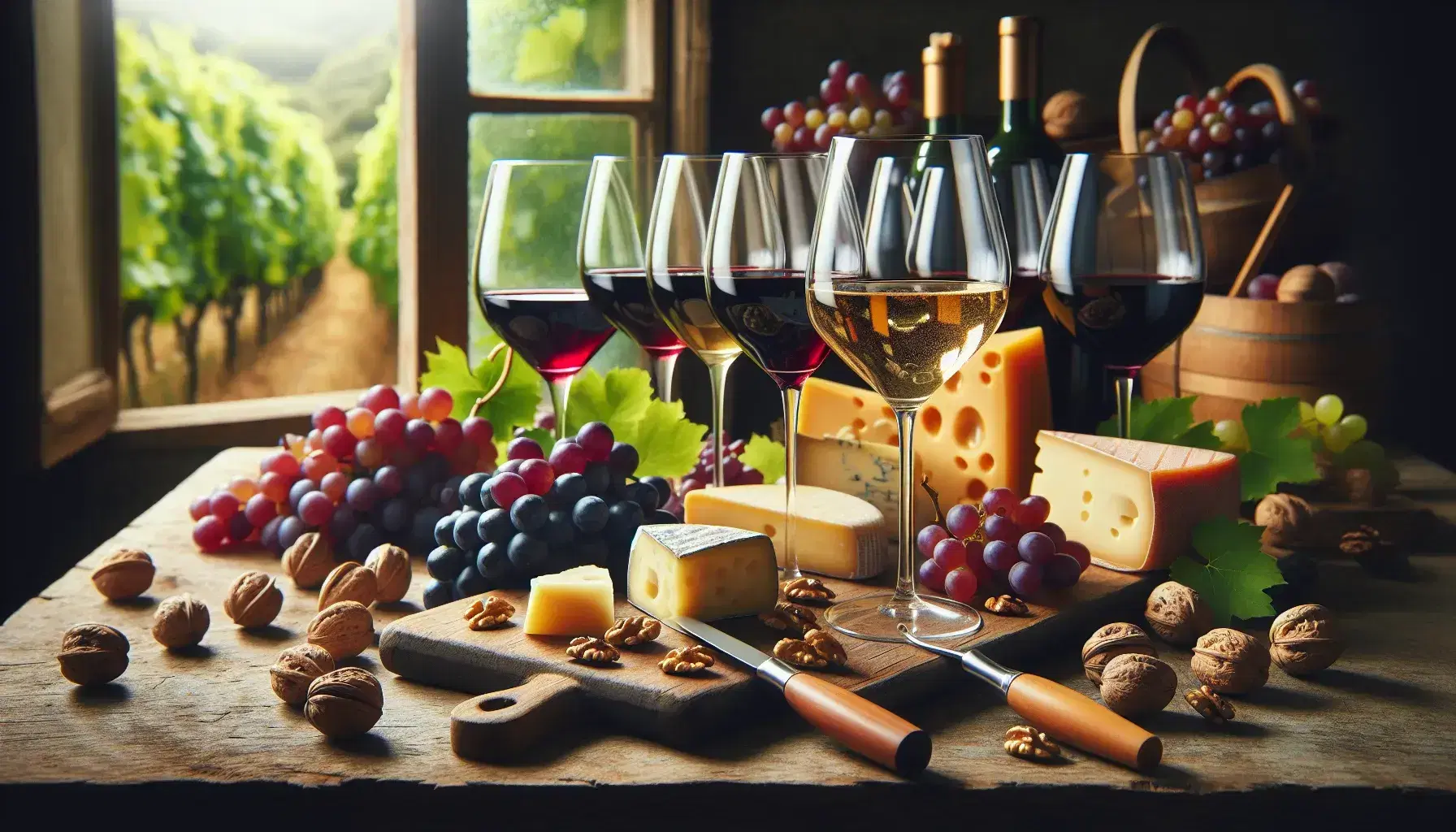 Tavolo rustico con bicchieri di vino di varie tonalità, grappoli d'uva, foglie, formaggi stagionati, noci, mandorle e coltello da formaggio.