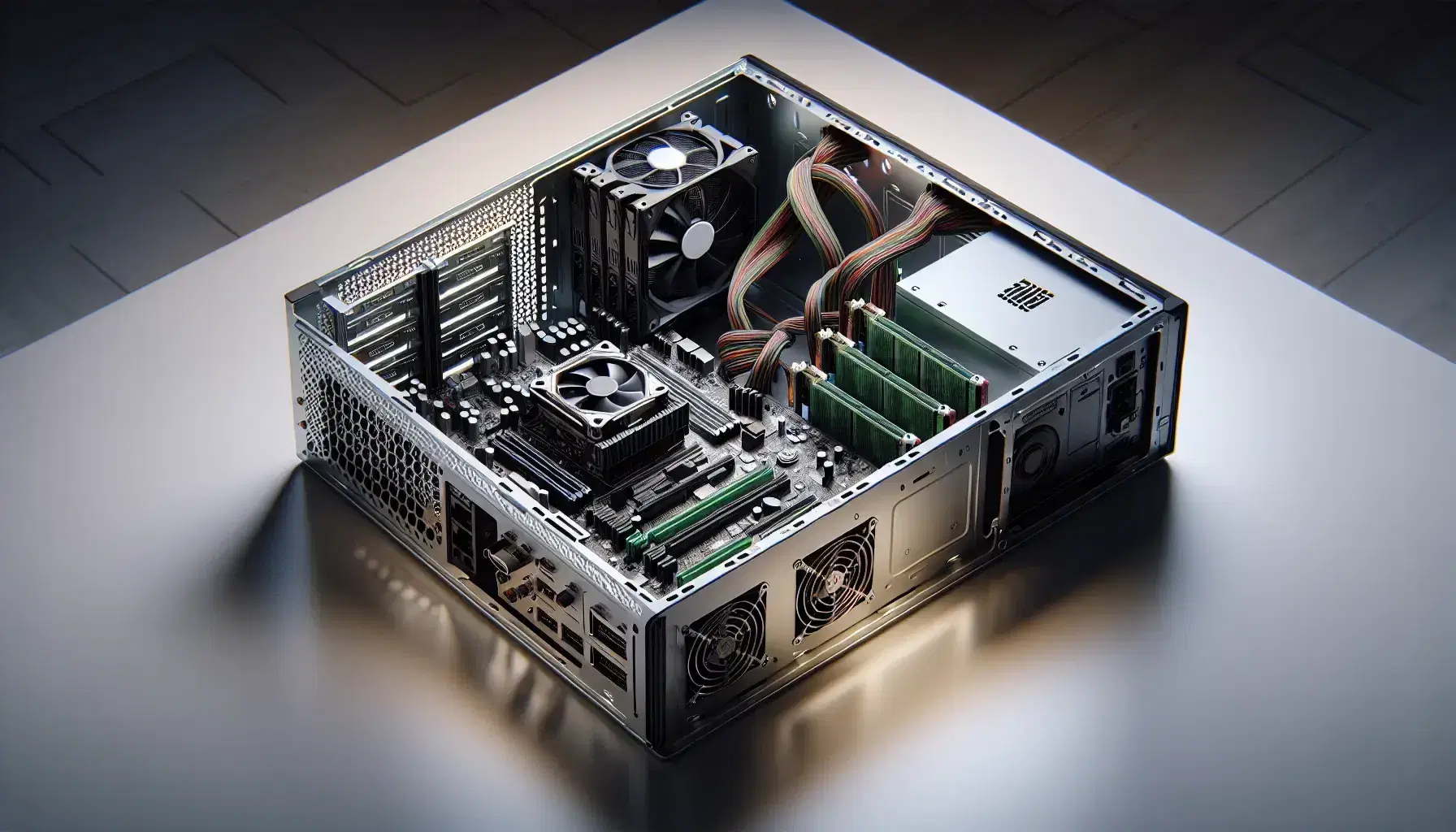Open computer case with motherboard, CPU with heatsink, RAM, power supply unit and GPU on illuminated workbench.