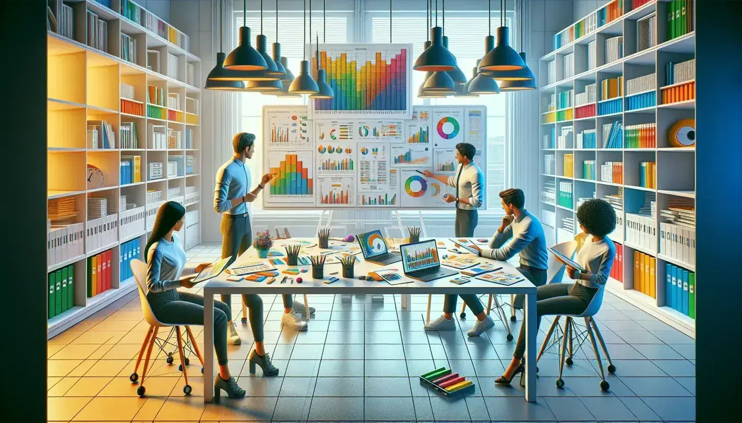 Tre professionisti collaborano su analisi dati in un ufficio moderno con laptop, grafici colorati e lavagna bianca.