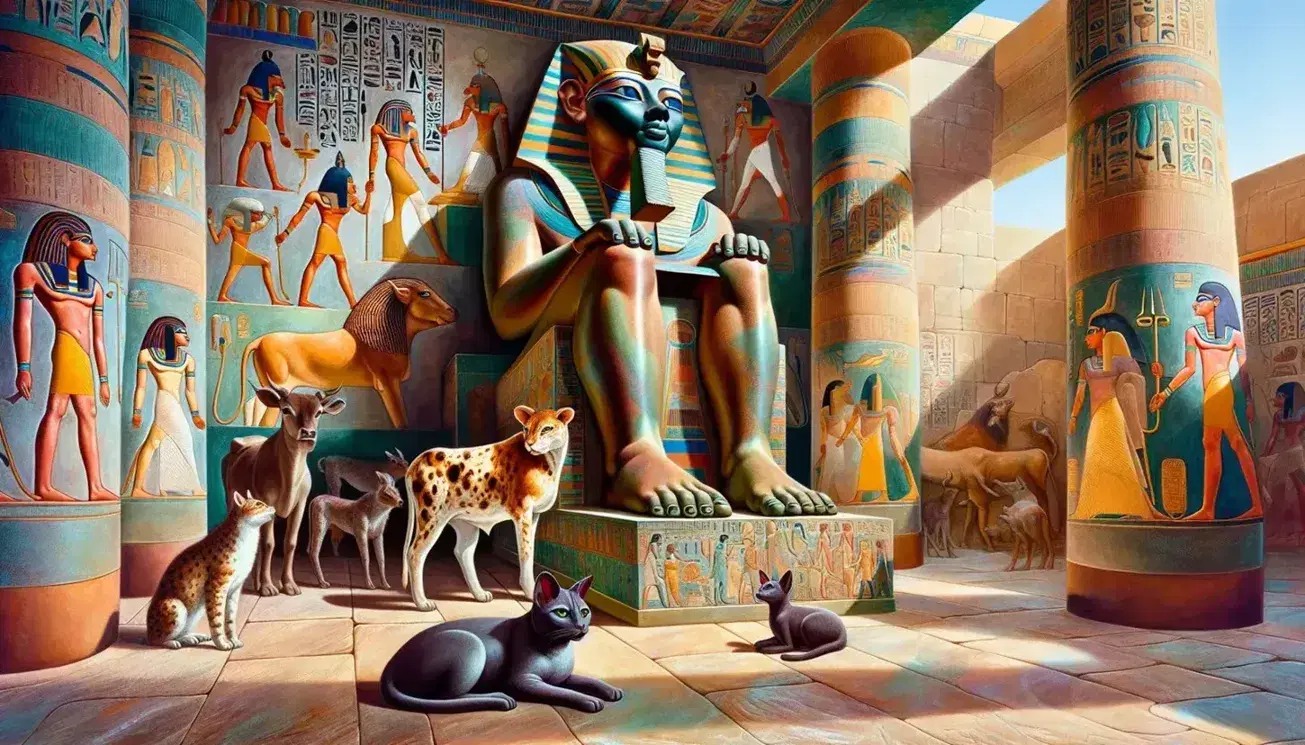 Statua della dea Bastet con corpo umano e testa di gatto in tempio egizio, circondata da animali e pareti decorate con bassorilievi colorati.