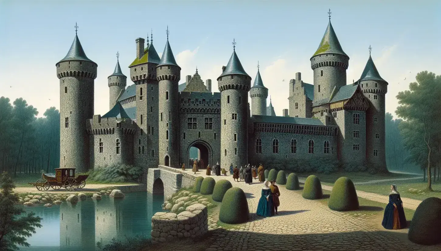 Late medieval European castle on a hill with high walls, round towers, and a lowered drawbridge over a moat, surrounded by manicured gardens and Renaissance-dressed figures.