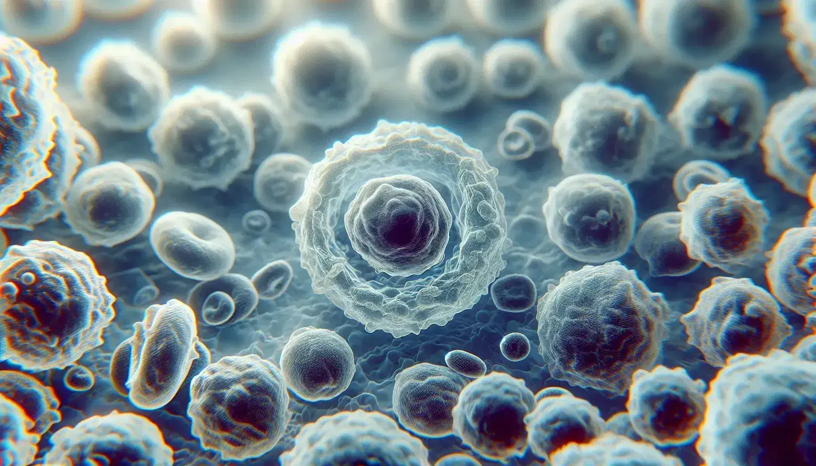 Vista microscópica de linfocitos humanos con núcleos prominentes y citoplasma claro, suspendidos en medio acuoso sin signos de daño celular.