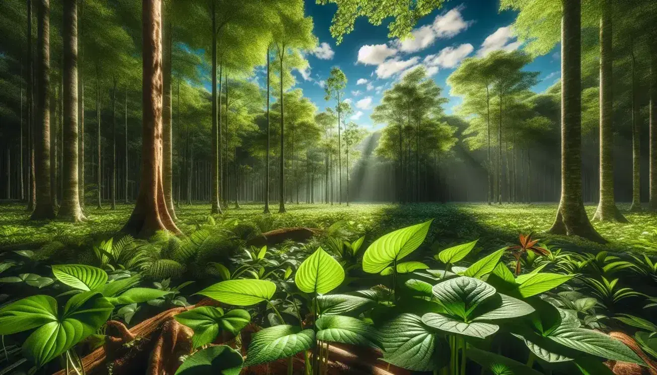Lush green forest glade under blue sky with clouds, plants with broad leaves in the foreground, tree trunk and variety of trees in the background.
