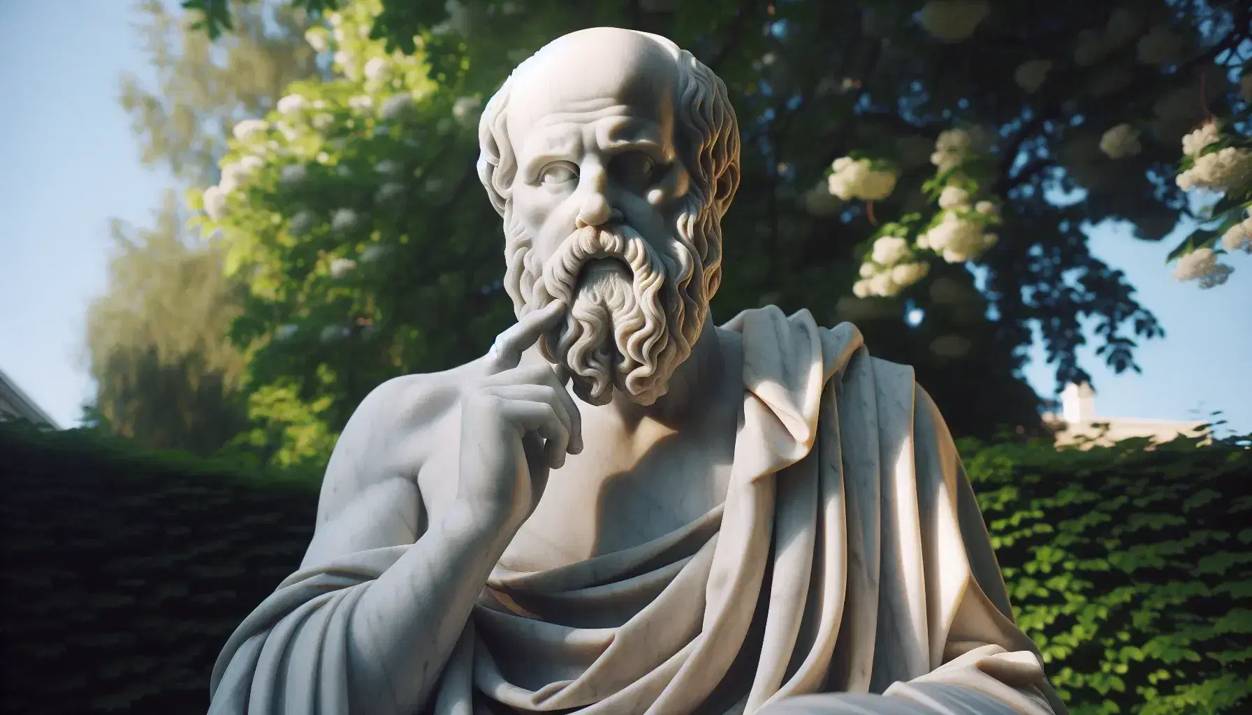 Estatua de mármol blanco de Sócrates pensativo con barba rizada, túnica y mano alzada, en un jardín con follaje verde.
