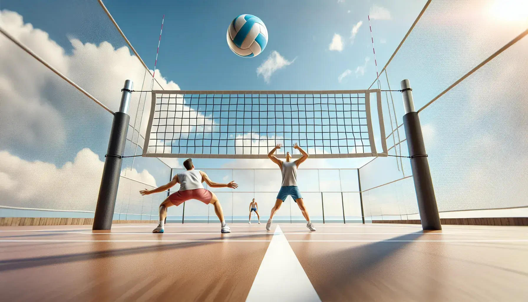 Cancha de voleibol al aire libre con jugadores en acción, uno saltando para rematar y otro preparándose para recibir el balón, bajo un cielo azul.